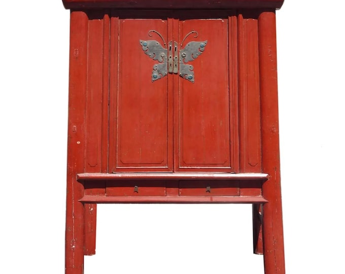 Antique Chinese Asian Red Lacquer Butterfly Cabinet ~ Wedding Storage Chest