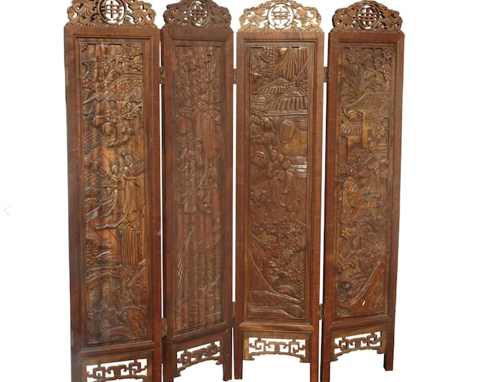 Vintage Oriental Asian Brown Hand Carved Wood Four Panel Screen ~ Room Divider