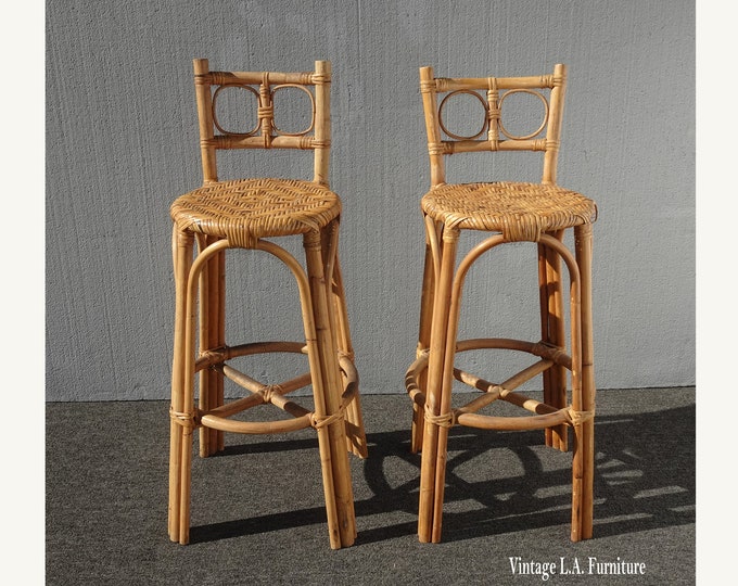 Pair of Vintage Bamboo Rattan Barstools Palm Beach French Country Bar Stools