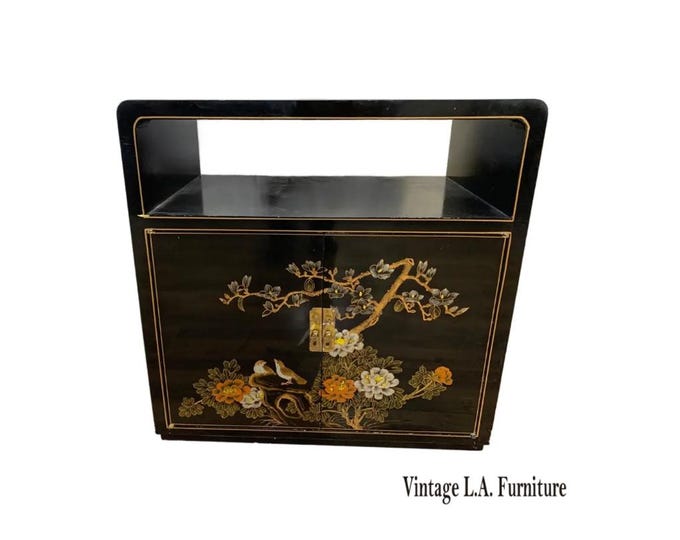 Vintage Chinese Asian Chinoiserie Floral Cabinet ~ Black Lacquered Side Table
