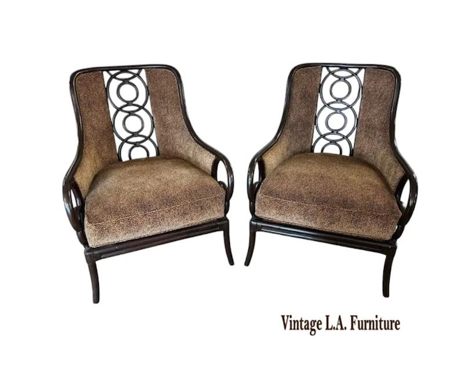 Pair Vintage Lexington Tommy Bahama Coastal Bamboo Rattan Brown Lounge Chairs