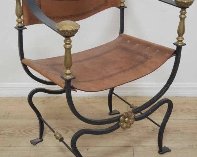 A Vintage Italian Chair Campaign Curule Style W Brass Finials Iron & Leather