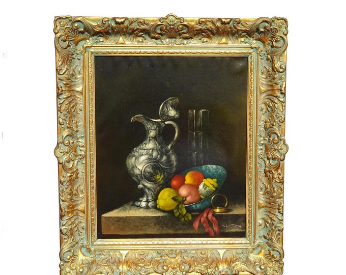 Ant. French Country Gold Black Oil on Canvas Vase Fruit Picture Painting Signed