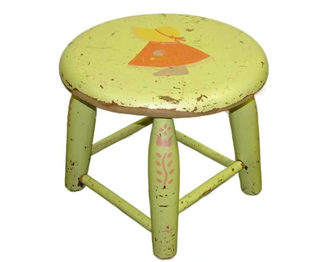 Vintage French Country Lime Green Rustic Footstool Stool w a Child Pictured