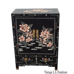 Vintage Chinese Asian Black Lacquer Chinoiserie Cabinet Side Table