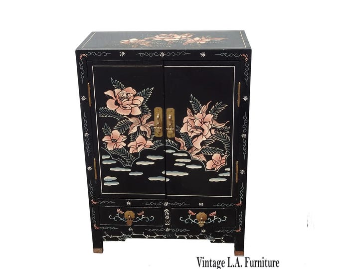 Vintage Chinese Asian Black Lacquer Chinoiserie Cabinet Side Table