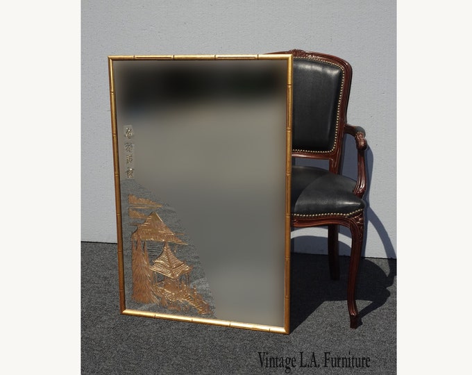 Vintage Hollywood Regency Chinese Asian Gold Etched Mirror w Bamboo Style Frame