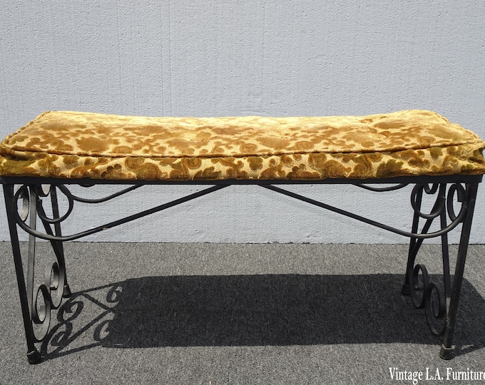 Vintage Spanish Style Wrought Iron Black Ornate Bench w Gold Velvet Fabric