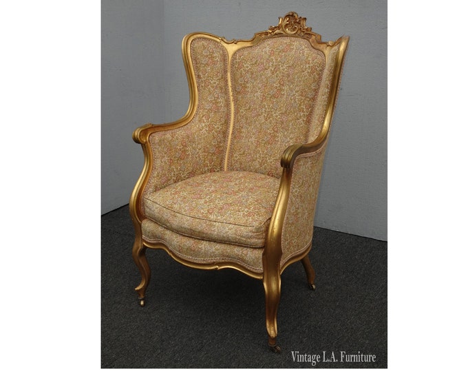 Vintage French Provinial Louis XVI Style Gold Tall Wingback Bergere Accent Chair