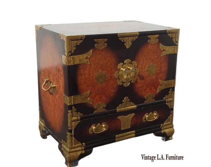 Vintage Asian Korean Tansu Style Burl Cabinet Side Table w Brass Hardware