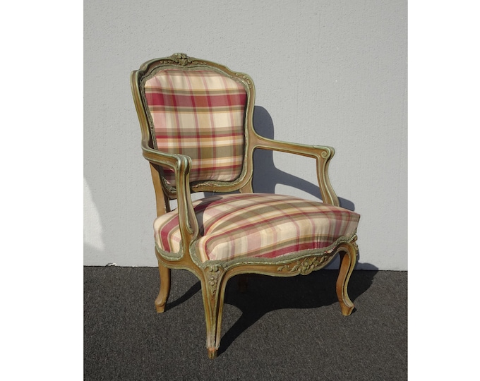 Vintage French Country Ethan Allen Style Low Profile Plaid Accent Chair