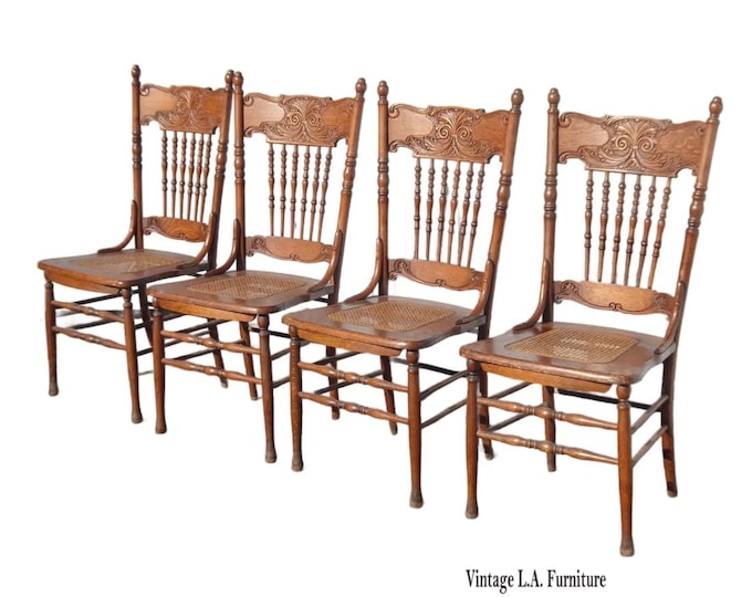 Chairs Pressed Back ~ Set of Four Cane Vintage French Country Golden Oak Chairs