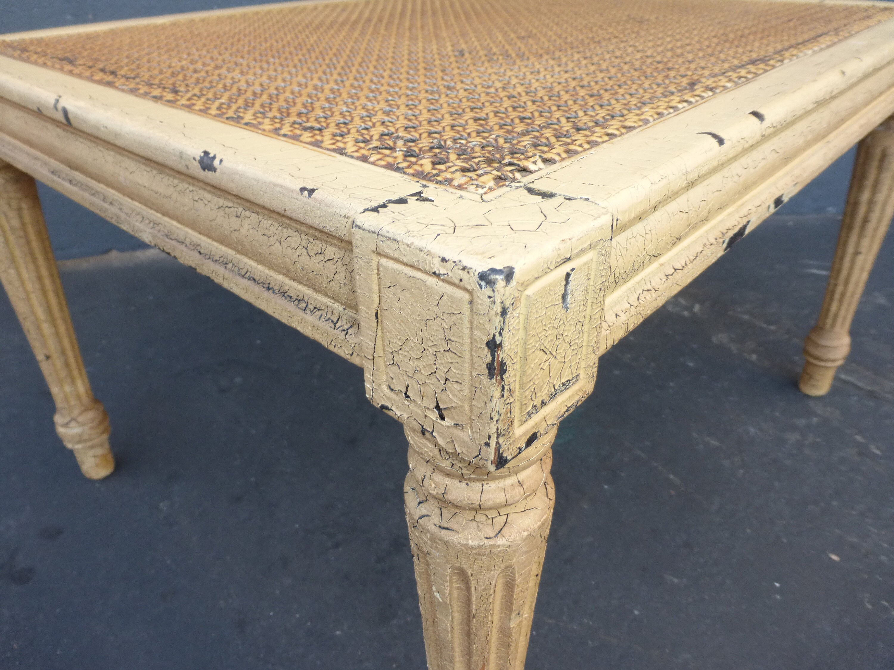 Vintage French Provincial Cane Top Distressed Crackle Finish End Table