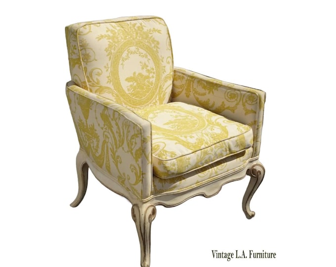 Vintage French Provincial Side Chair w Yellow Fabric and Down Cushion