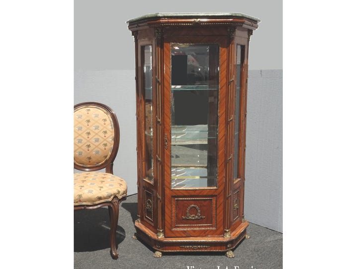 Vintage French Louis XVI Burl Wood Display Case ~ Curio Cabinet w Brass & Marble