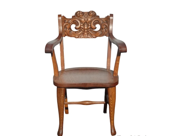 Vintage French Country Brown Oak Carved Arm Chair by Eldredge Co.