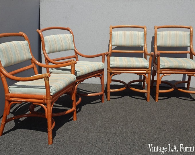 Set of Four Coastal Style Rattan Bamboo Accent Arm Chairs Leather Straps