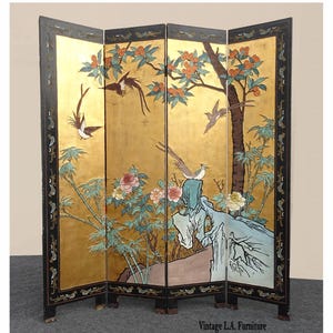 Vintage Oriental Asian Gold Four Panel Screen Room Divider