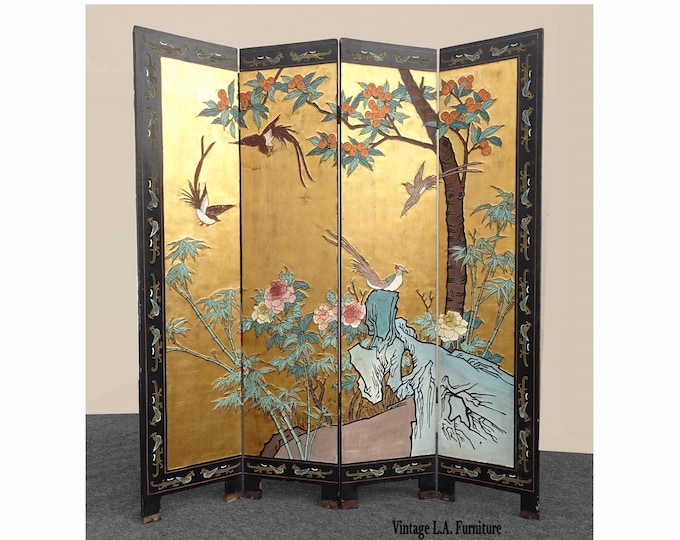 Vintage Oriental Asian Gold Four Panel Screen Room Divider Coromandel w Birds