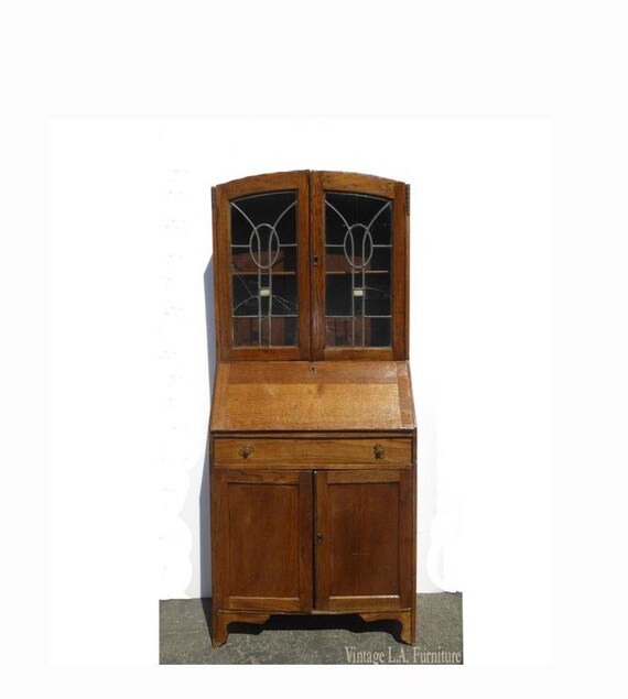 Antique Oak French Country Hutch Storage Curio Cabinet W Desk Etsy