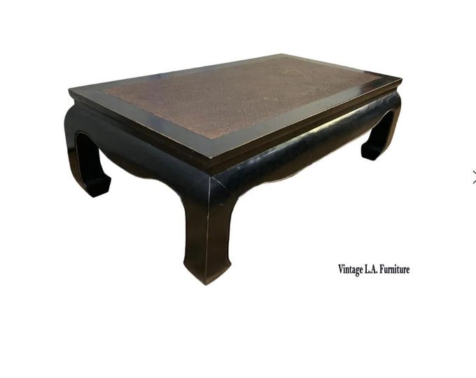 Vintage Oriental Chow Leg Black Cocktail Coffee Table w Rattan Top Chinoiserie
