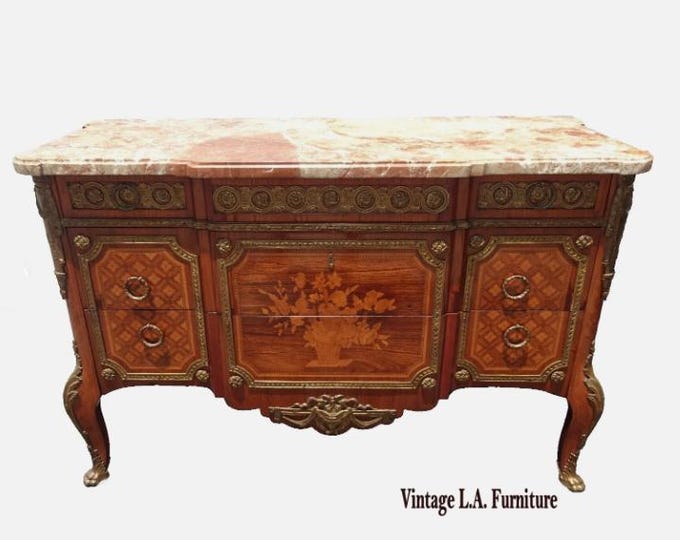 Antique French Louis XV Console Table Chest Commode Marble Top Marquetry Ormolu