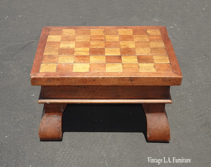 Vintage French Country Oak Checkered Brown Footstool