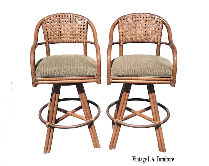 Pair of Vintage McGuire Bamboo Woven Leather Swivel Bar Stools Barstool