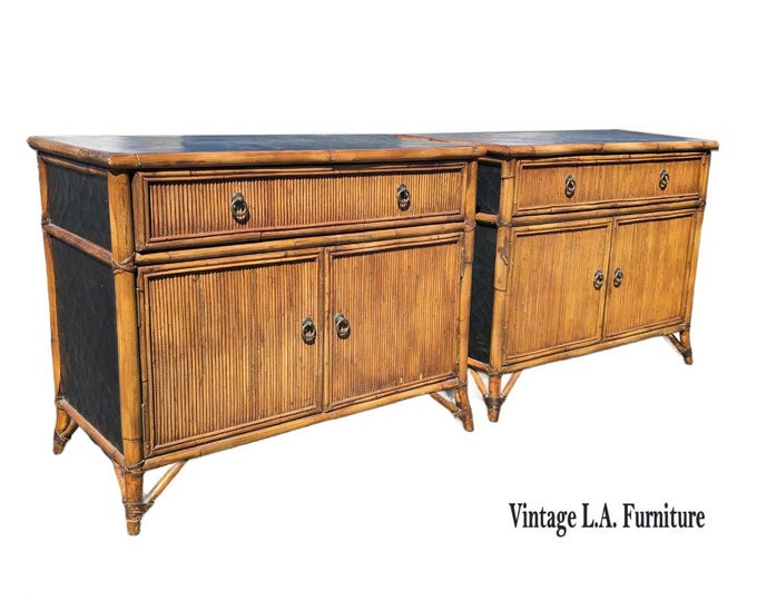 Pair of Vintage Baker Furniture Bamboo Rattan Nightstands Black Lacquer Cabinets
