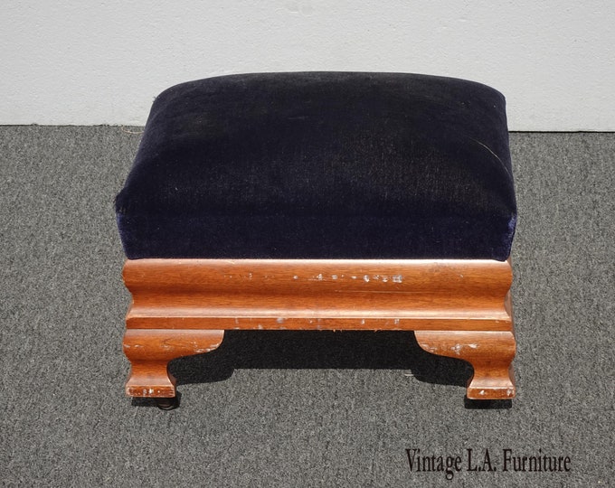 Vintage Empire Style Royal Blue Velvet Footstool Ottoman on Castors