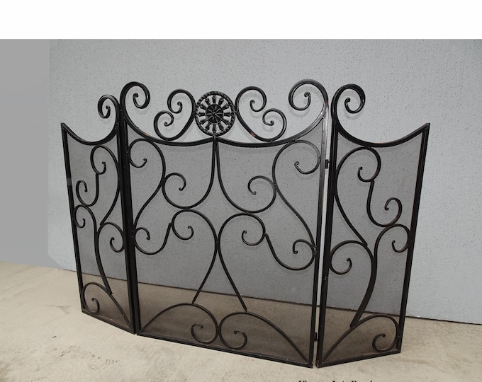 Vintage Tri-Fold Black Metal Fireplace Screen ~ French Country