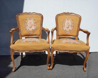 Pair of Vintage French Provincial Louis XVI Gold Tapestry Needlepoint Arm Chairs