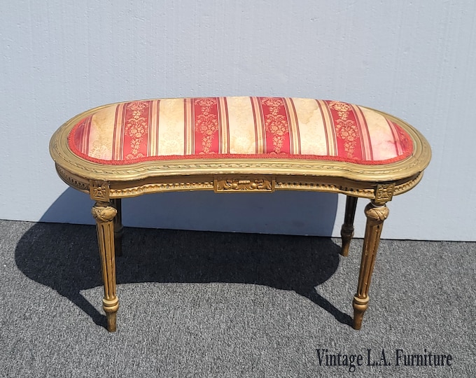 Vintage French Provincial Louis XVI Red & Gold Ornate Stripped Bench Asis