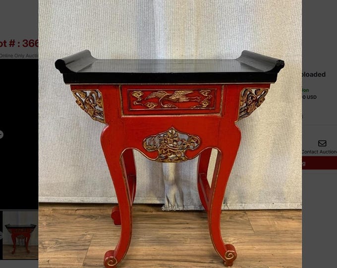 Vintage Chinese Asian Red & Black Lacquer w Gold Trim Side Table, Altar Table