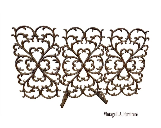 Vintage Spanish Style Heavy Cast Iron Three Panel Brown Fireplace Screen