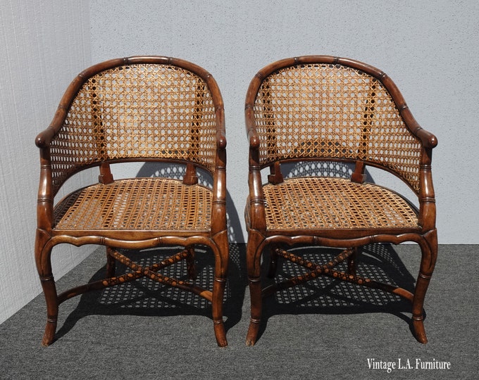 Pair of French Louis Brown Cane Barrel Club Chairs w Bamboo Style Frames