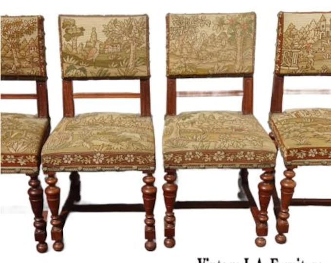 Set Four French Tapestry Dining Chairs w Individual Country Setting Theme Fabric