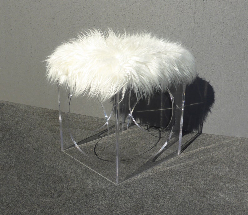 Unique Contemporary Style White Faux Mangolian Fur and Lucite Stool  Foot Ottoman