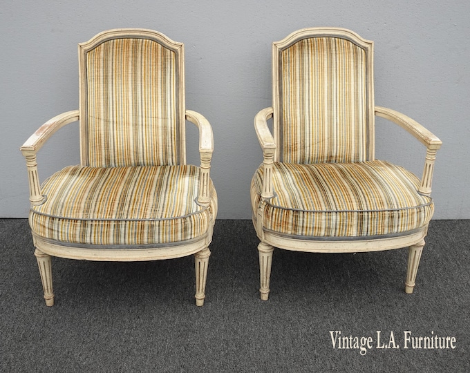 Chairs,  Lounge Chairs, Pair of Vintage French Country Gold & Green Stripped