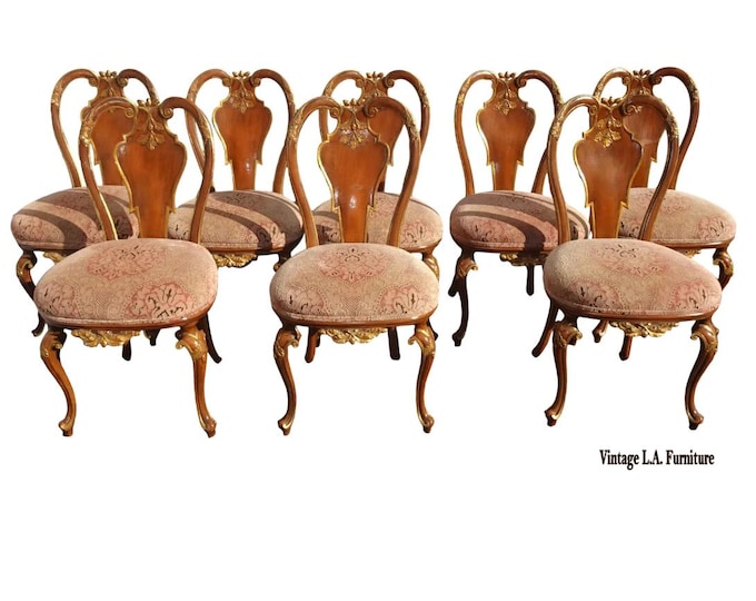 Set of Eight Italian French Louis XVI Gold Rose Dining Room Chairs Made in Italy
