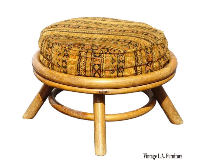 Vintage Mid Century Modern Bamboo Footstool Ottoman w Cushion