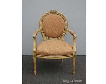 Vintage French Provincial Louis Style Gold & Rose Ornate Begere Accent Chair
