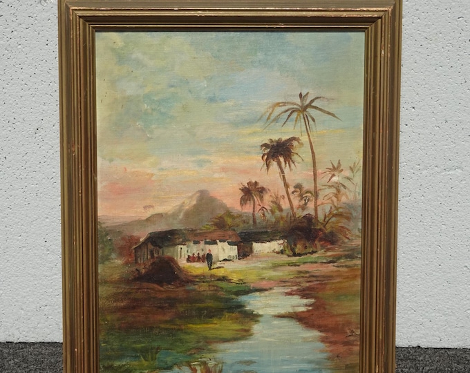 17"H Vintage Oil Board Painting Picture w White House, Rolling Brook, Palm Trees