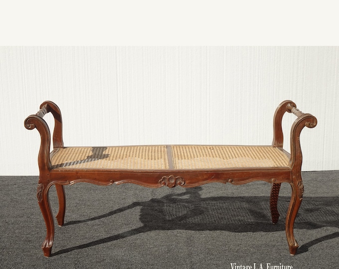 Italian Vintage French Country Brown Cane Bench with Rolled Arms Asis