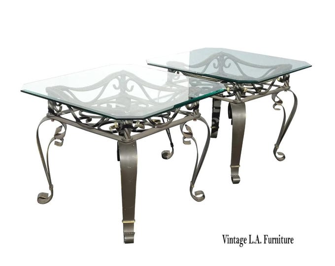 Pair Vintage Black Scrolled Metal Bevelled Edge Glass Top End Tables