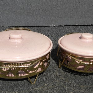 Pair Vintage Mid Century Modern Pink Warming Serving Dishes image 2