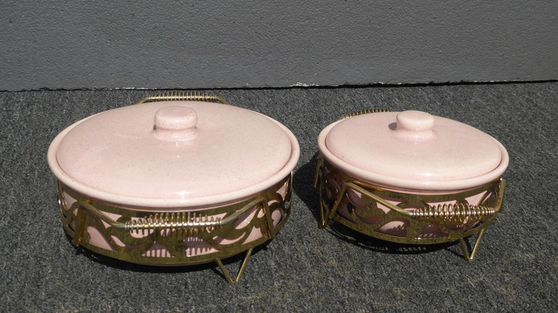 Pair Vintage Mid Century Modern Pink Warming Serving Dishes image 2