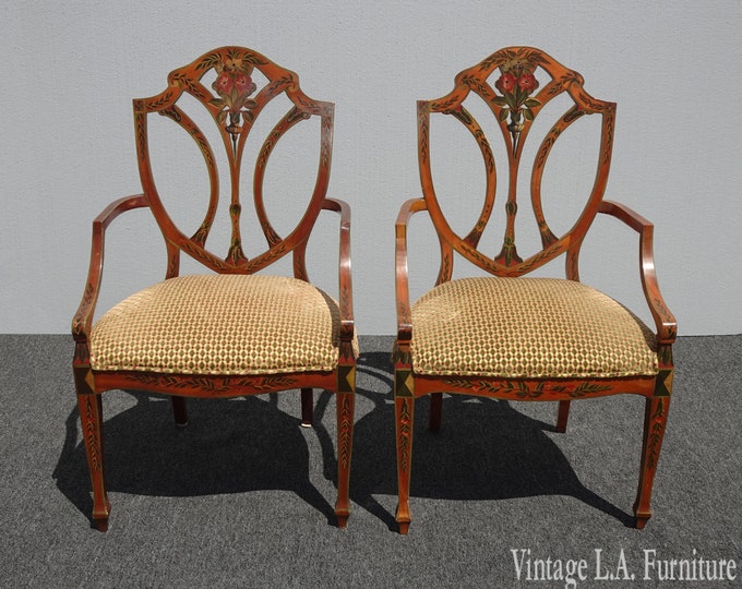 Pair Vintage French Country Hand Painted Orange Green Floral Shield Arm Chairs