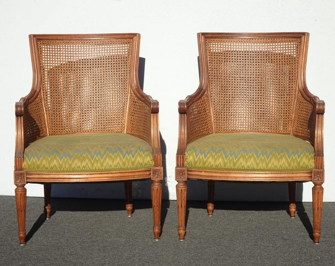 Pair of Vintage French Louis XVI Cane Bergere Green Arm Chairs