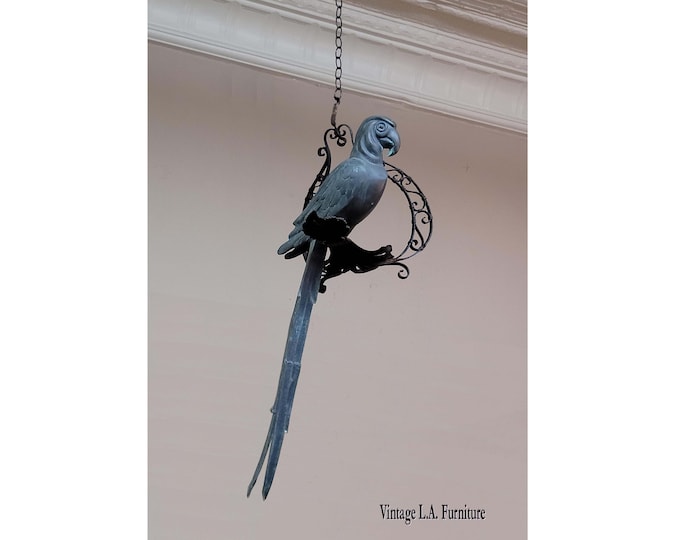 40"Tall Vintage Brass Patina Parrot Bird Perched on a Rustic Iron Swing